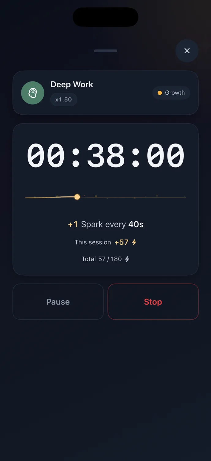HabitSpark timer screen showing a running growth activity and Spark progress
